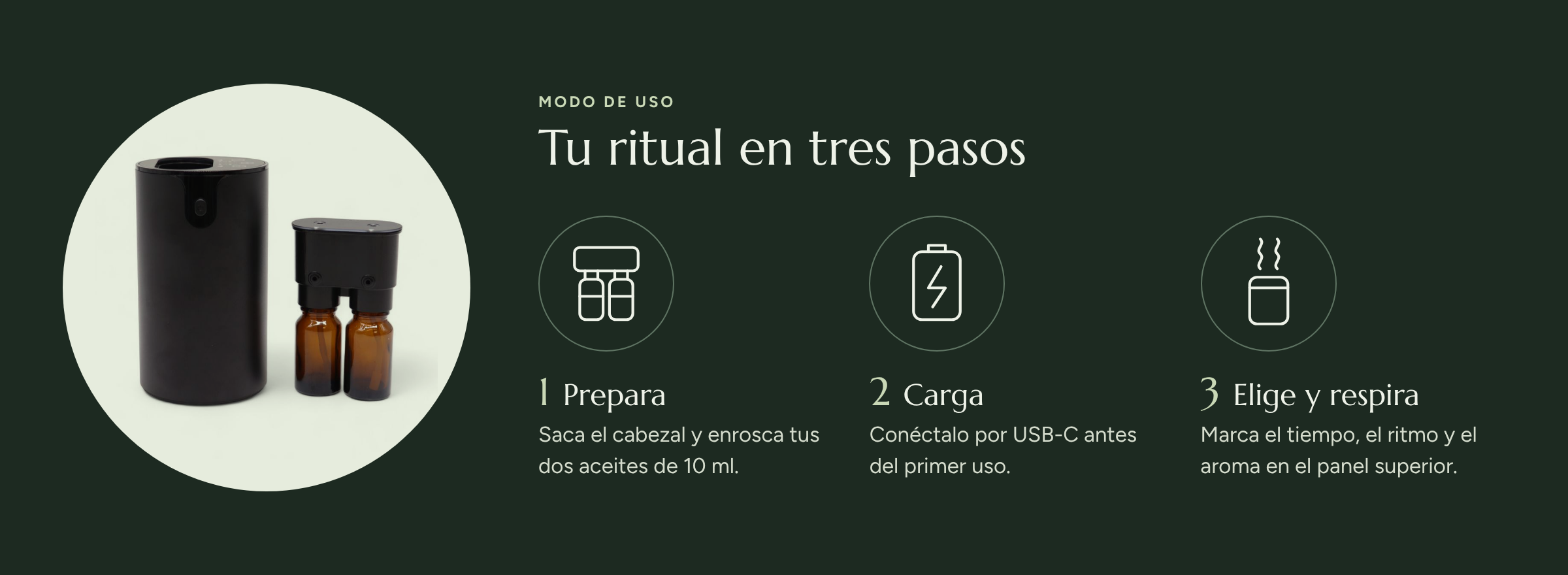 Modo de uso en tres pasos. 1, Prepara: saca el cabezal y enrosca tus dos aceites de 10 ml. 2, Carga: conéctalo por USB-C antes del primer uso. 3, Elige y respira: marca el tiempo, el ritmo y el aroma en el panel superior.
